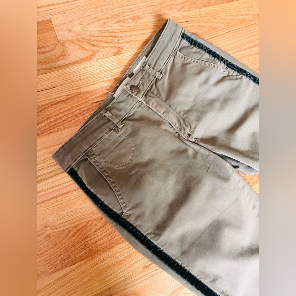 Anthropologie Stylish Olive Green‎ Pants with green velvet Stripe - Picture 2 of 7